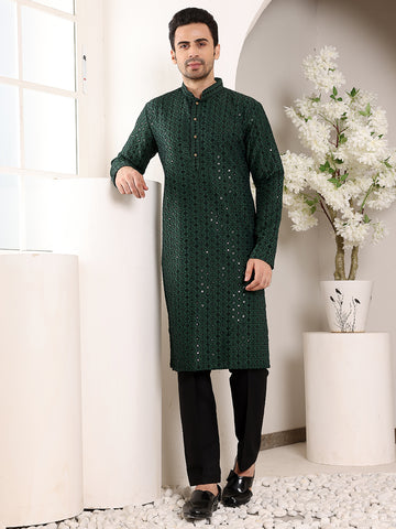 MULTI SHADES Men's Dark Green Straight Viscose Silk Kurta With Embroidered Neckline And Motifs,Black Solid Trouser Style Churidar - Dista