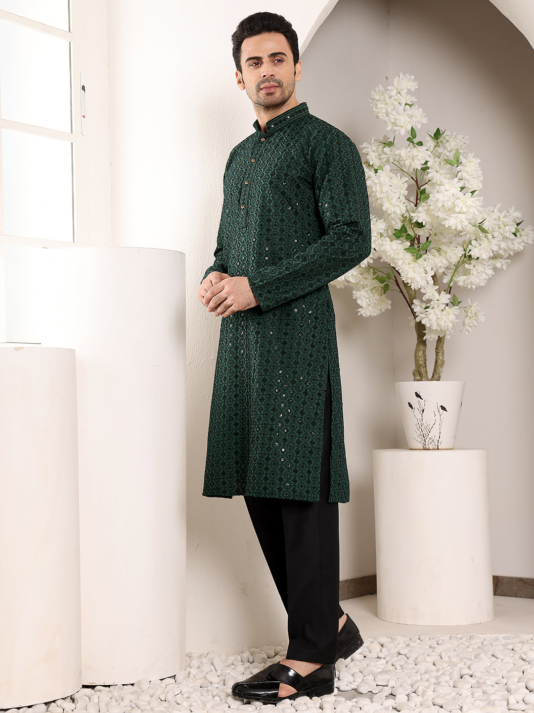 MULTI SHADES Men's Long Sleeve Mandarin Collar Dark Green Straight Viscose Silk Kurta With Embroidered Neckline And Motifs - Dista