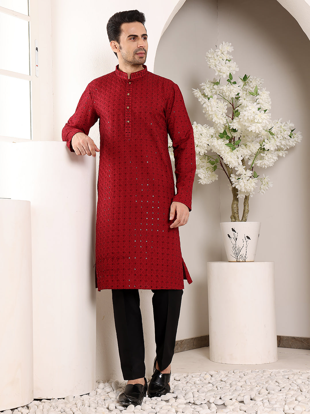 MULTI SHADES Men's Red Straight Viscose Silk Kurta With Embroidered Neckline And Motifs,Black Solid Trouser Style Churidar - Dista