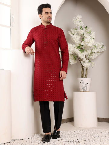 MULTI SHADES Men's Red Straight Viscose Silk Kurta With Embroidered Neckline And Motifs,Black Solid Trouser Style Churidar - Dista