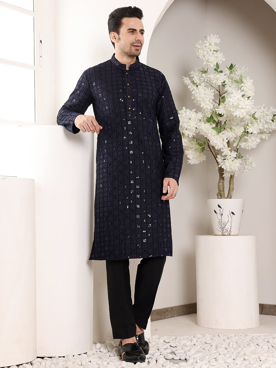 MULTI SHADES Men's Black Straight Viscose Silk Kurta With Embroidered Neckline And Motifs,Black Solid Trouser Style Churidar - Dista
