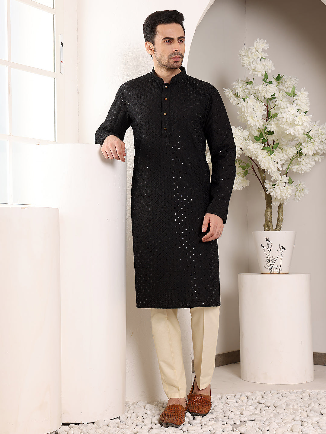 MULTI SHADES Men's Long Sleeve Black Straight Viscose Silk Kurta With Embroidered Neckline And Motifs And Ivory Solid Churidar - Dista