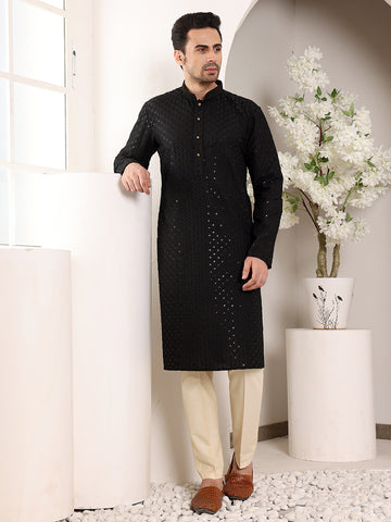 MULTI SHADES Men's Long Sleeve Black Straight Viscose Silk Kurta With Embroidered Neckline And Motifs And Ivory Solid Churidar - Dista