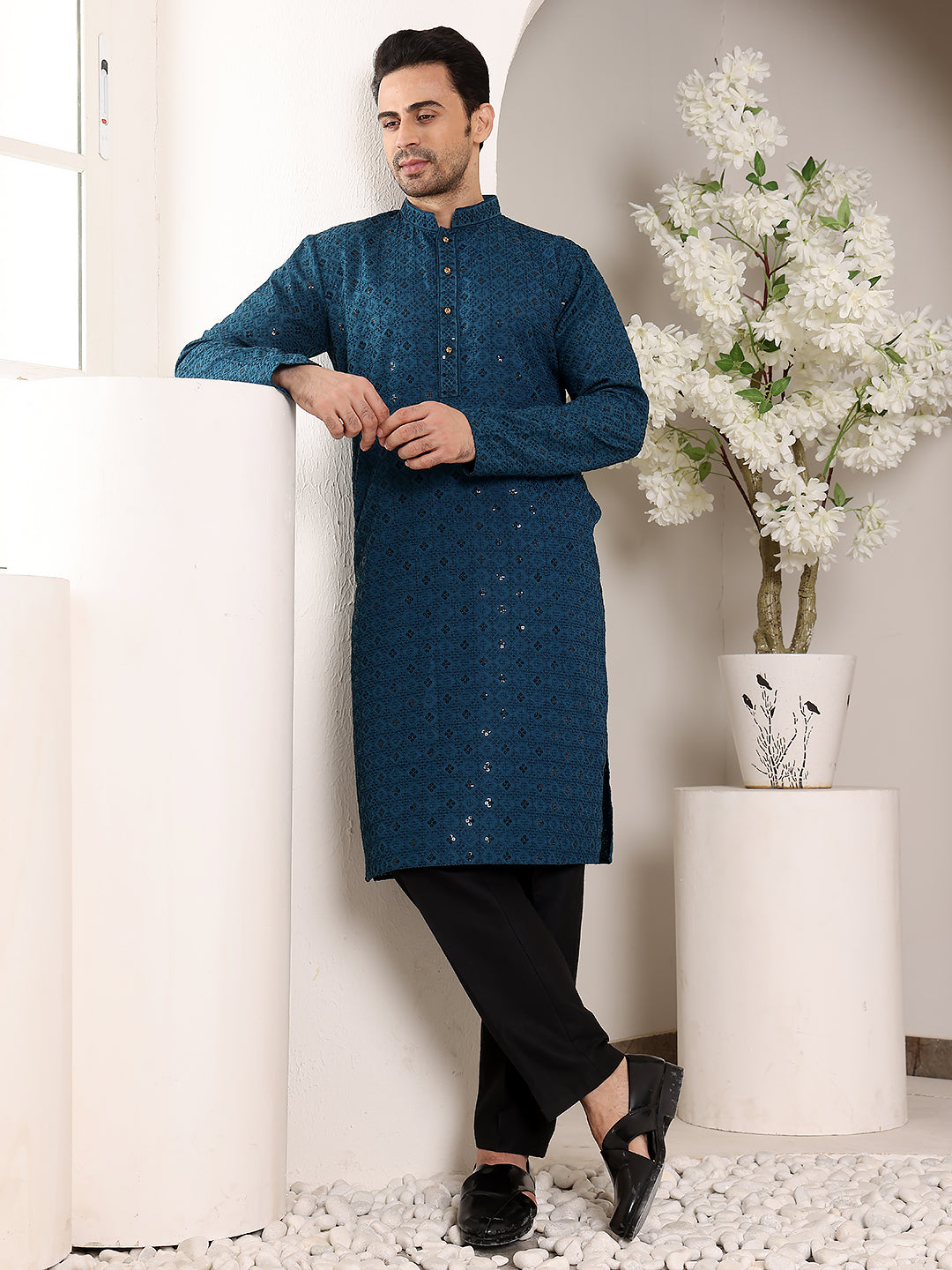 MULTI SHADES Men's Blue Straight Viscose Silk Kurta With Embroidered Neckline And Motifs,Black Solid Trouser Style Churidar - Dista