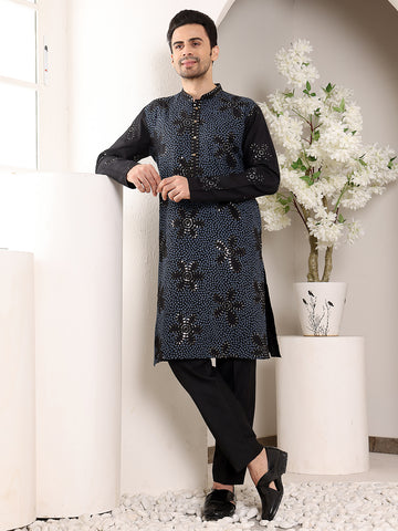 MULTI SHADES Men's Blue Straight Rayon Silk Kurta With Embroidered Neckline And Motifs,Black Solid Trouser Style Churidar - Dista