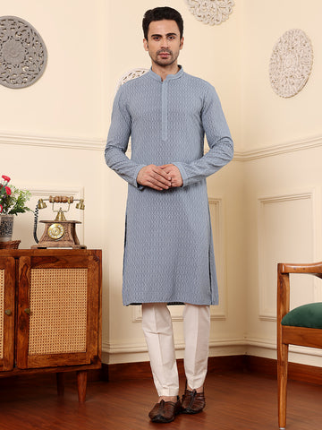 MULTI SHADES Men's Rayon Silk Straight Classic Grey Chikankari Kurta,Off White Solid Trouser Style Churidar - Dista