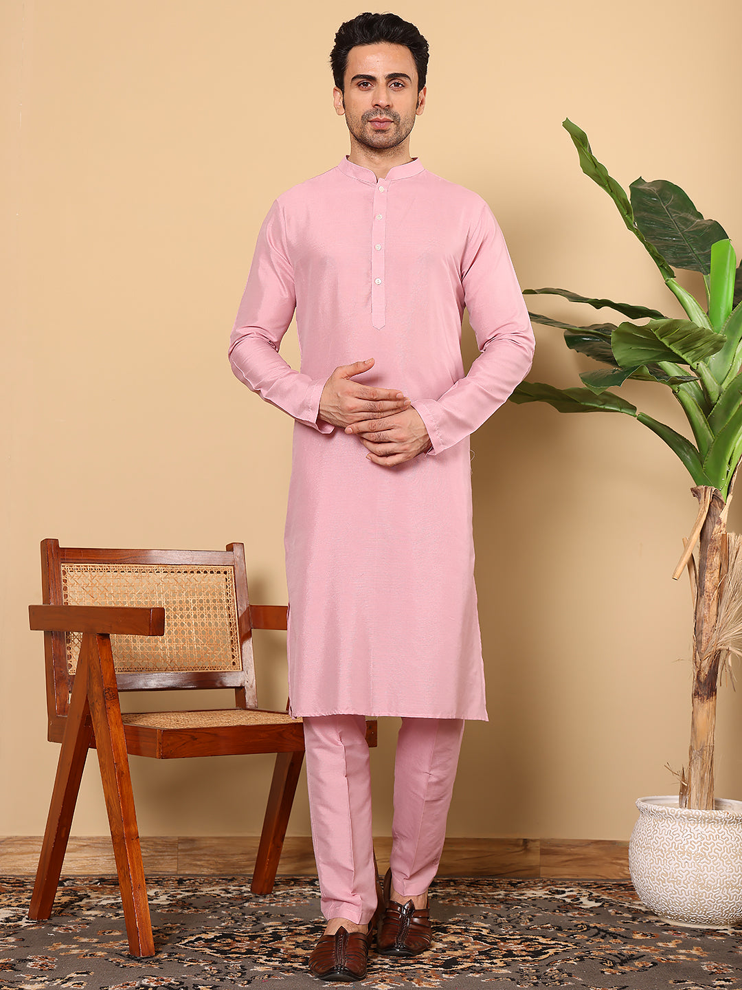 MULTI SHADES Men's Long Sleeve Pink Straight Viscose Silk Kurta With Slub Effect And Pick Solid Churidar - Dista