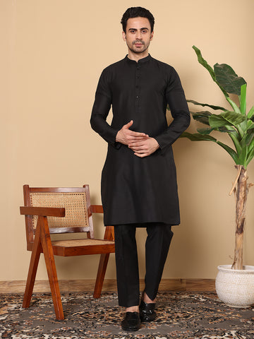 MULTI SHADES Men's Long Sleeve Elegant Black Straight Viscose Silk Kurta With Embroidery And Black Solid Churidar - Dista