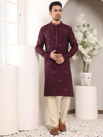 MULTI SHADES Men's Purple Straight Viscose Silk Kurta With Embroidered Neckline And Motifs,Off White Solid Trouser Style Churidar - Dista