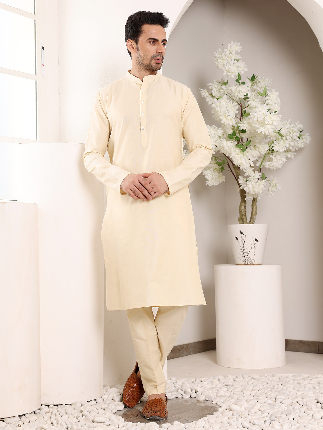 MULTI SHADES Men's Sea Cream Straight Viscose Silk Kurta With Slub Effect,Cream Solid Trouser Style Churidar - Dista