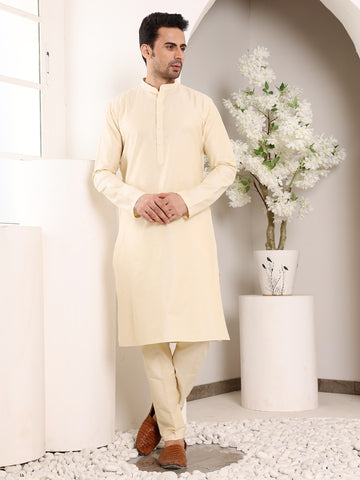 MULTI SHADES Men's Sea Cream Straight Viscose Silk Kurta With Slub Effect,Cream Solid Trouser Style Churidar - Dista