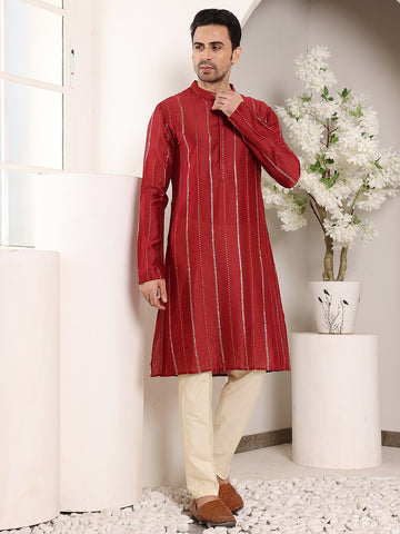MULTI SHADES Men's Redstraight Viscose Silk Kurta With Embroidered Neckline And Motifs,Cream Solid Trouser Style Churidar - Dista