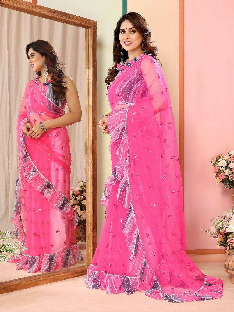 Partywear Designer Pink Net Fancy Saree - Dyuti - Distacart
