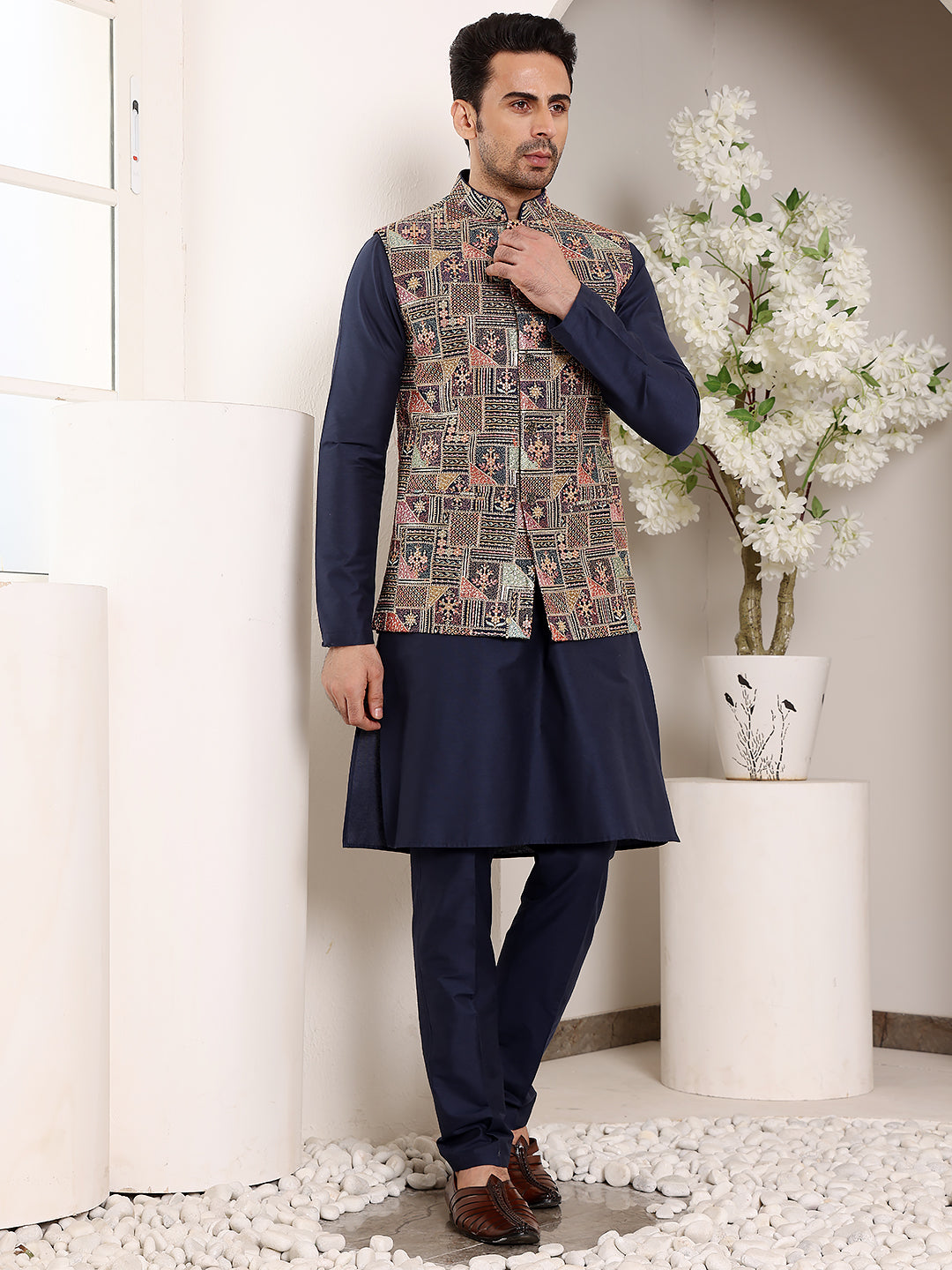 MULTI SHADES Men's Full Sleeve Blue Kurta Pyjama & Multi Colour Embroidered Nehru Jacket - Dista