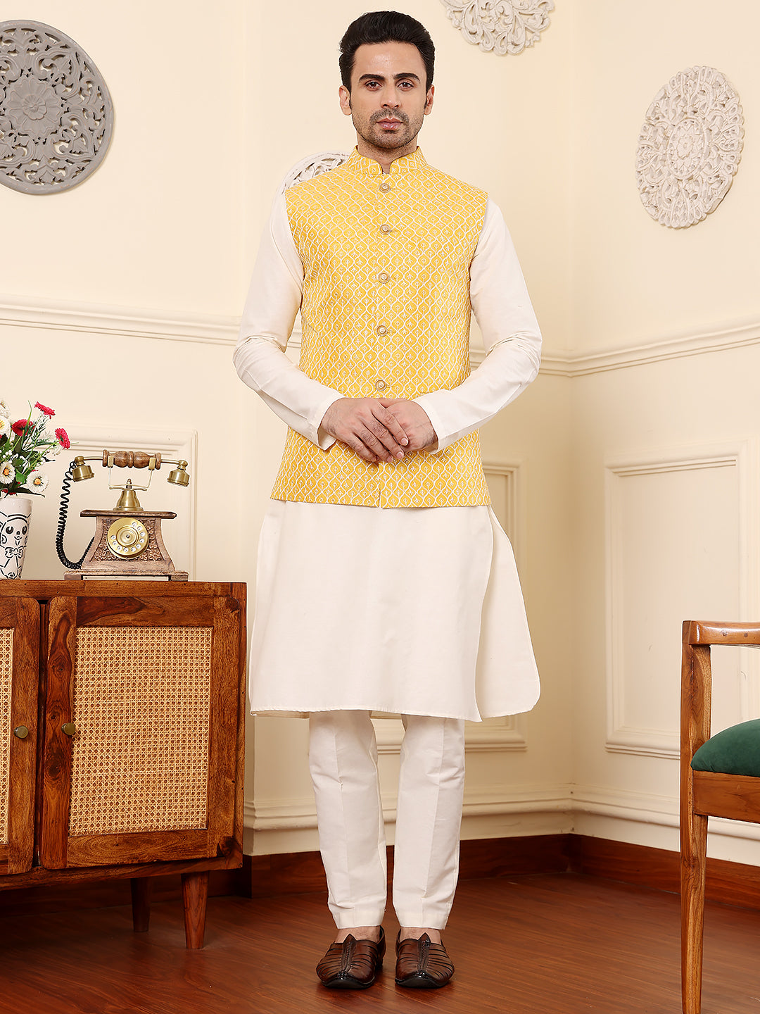 MULTI SHADES Men's Full Sleeve Ivory Kurta Pyjama & Yellow Embroidered Nehru Jacket - Dista