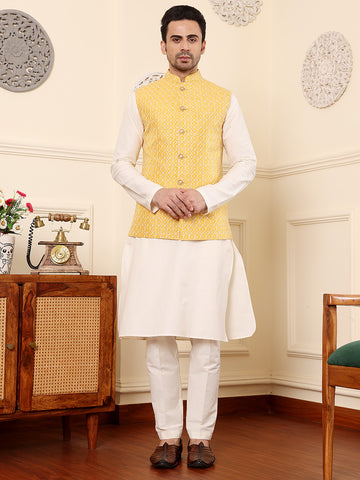 MULTI SHADES Men's Full Sleeve Ivory Kurta Pyjama & Yellow Embroidered Nehru Jacket - Dista