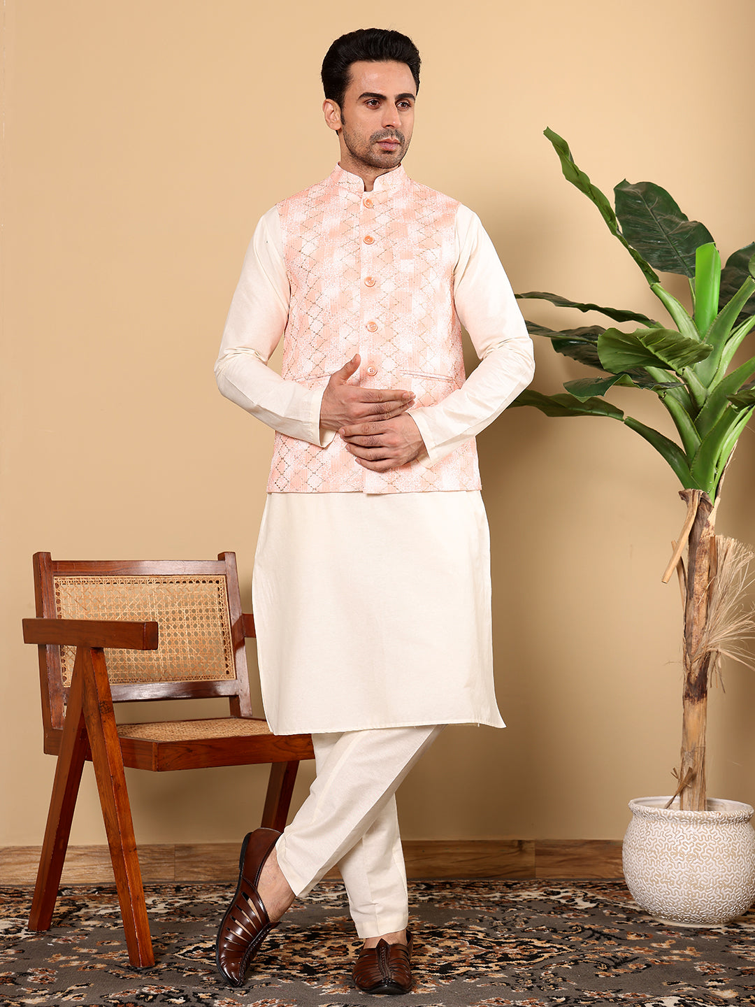 MULTI SHADES Men's Full Sleeve Ivory Kurta Pyjama & Peach Embroidered Nehru Jacket - Dista