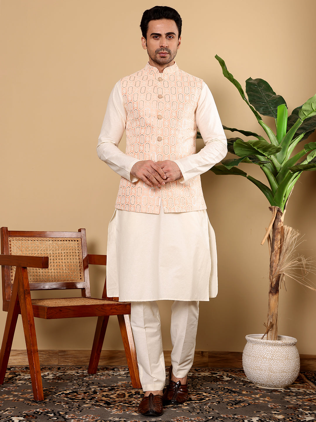 MULTI SHADES Men's Full Sleeve Ivory Kurta Pyjama & Peach Embroidered Nehru Jacket