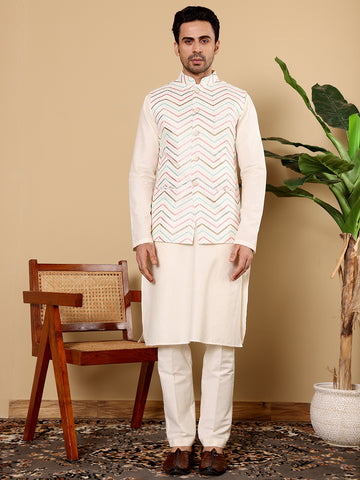 MULTI SHADES Men's Full Sleeve Ivory Kurta Pyjama & White Embroidered Nehru Jacket - Dista