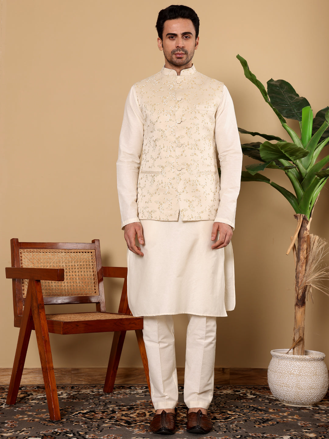 MULTI SHADES Men's Full Sleeve Ivory Kurta Pyjama & Cream Embroidered Nehru Jacket - Dista