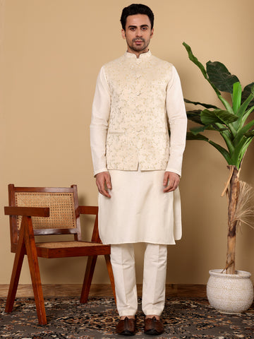 MULTI SHADES Men's Full Sleeve Ivory Kurta Pyjama & Cream Embroidered Nehru Jacket - Dista