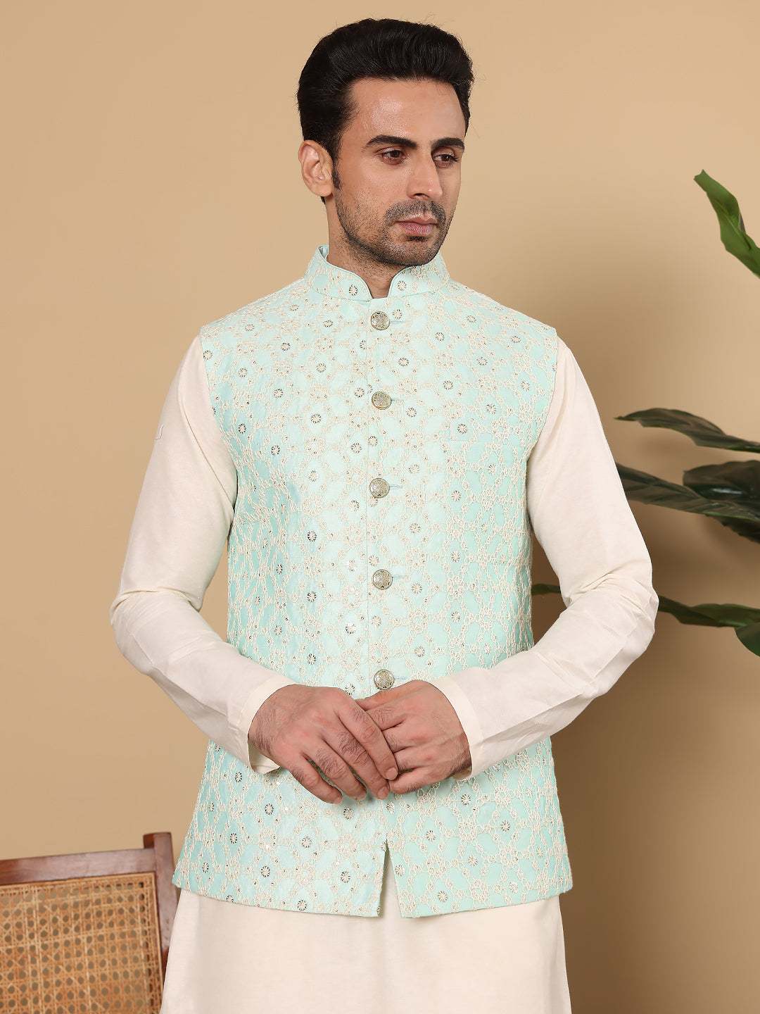 MULTI SHADES Men's Full Sleeve Ivory Kurta Pyjama & Green Embroidered Nehru Jacket - Dista