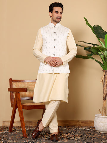 MULTI SHADES Men's Full Sleeve Cream Kurta Pyjama & White Embroidered Nehru Jacket - Dista