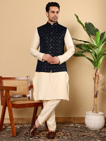 MULTI SHADES Men's Full Sleeve Cream Kurta Pyjama & Black Embroidered Nehru Jacket - Dista