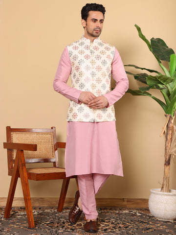 MULTI SHADES Men's Full Sleeve Pink Kurta Pyjama & White Embroidered Nehru Jacket - Dista