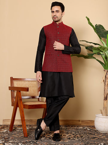 MULTI SHADES Men's Full Sleeve Black Kurta Pyjama & Red Embroidered Nehru Jacket - Dista