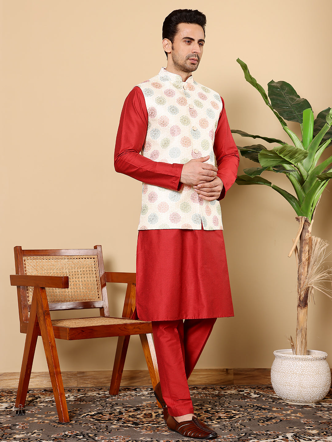MULTI SHADES Men's Full Sleeve Red Kurta Pyjama & White Embroidered Nehru Jacket - Dista