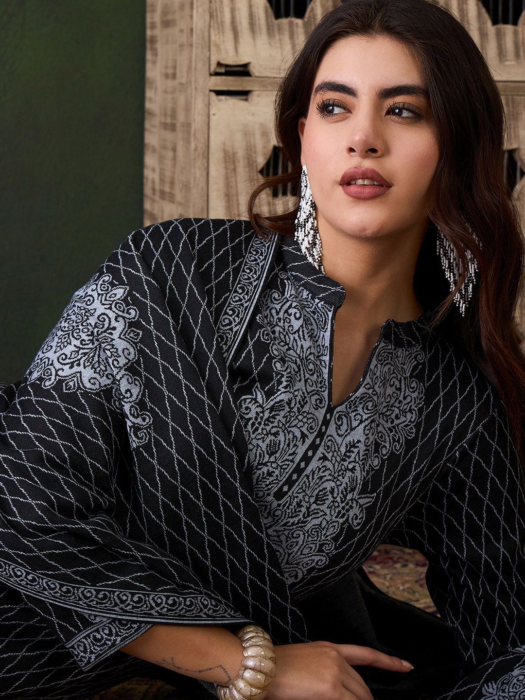 Sangria Ethnic Motifs Woven Design Mandarin Collar Straight Kurta With Trouser & Dupatta - Distacart