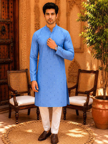 MULTI SHADES Sky Blue Ethnic Printed Kurta with Cream Churidar Set - Dista