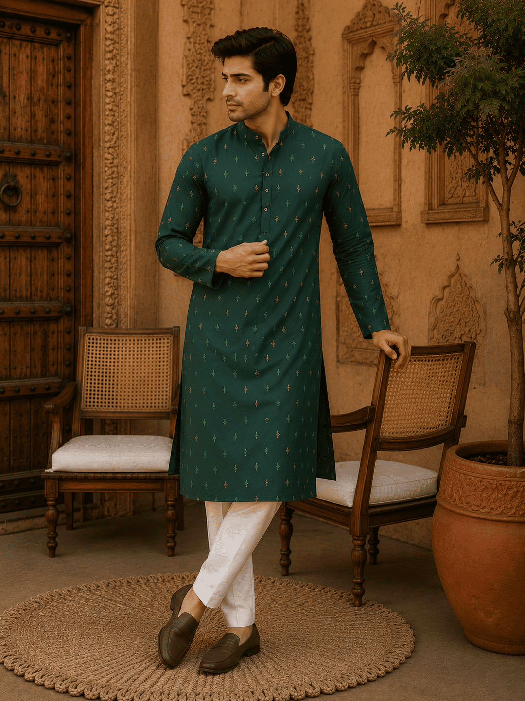 MULTI SHADES Green Ethnic Printed Kurta with Cream Churidar Set - Dista