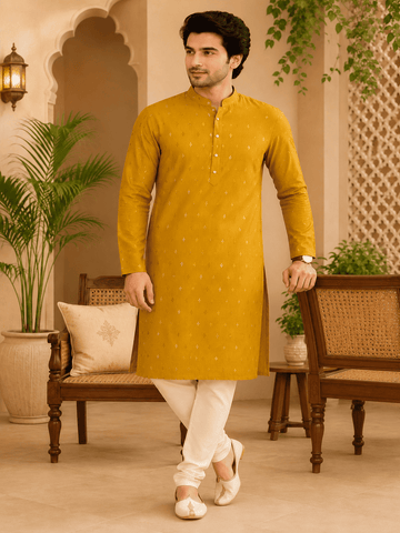MULTI SHADES Yellow Ethnic Printed Kurta with Cream Churidar Set - Dista