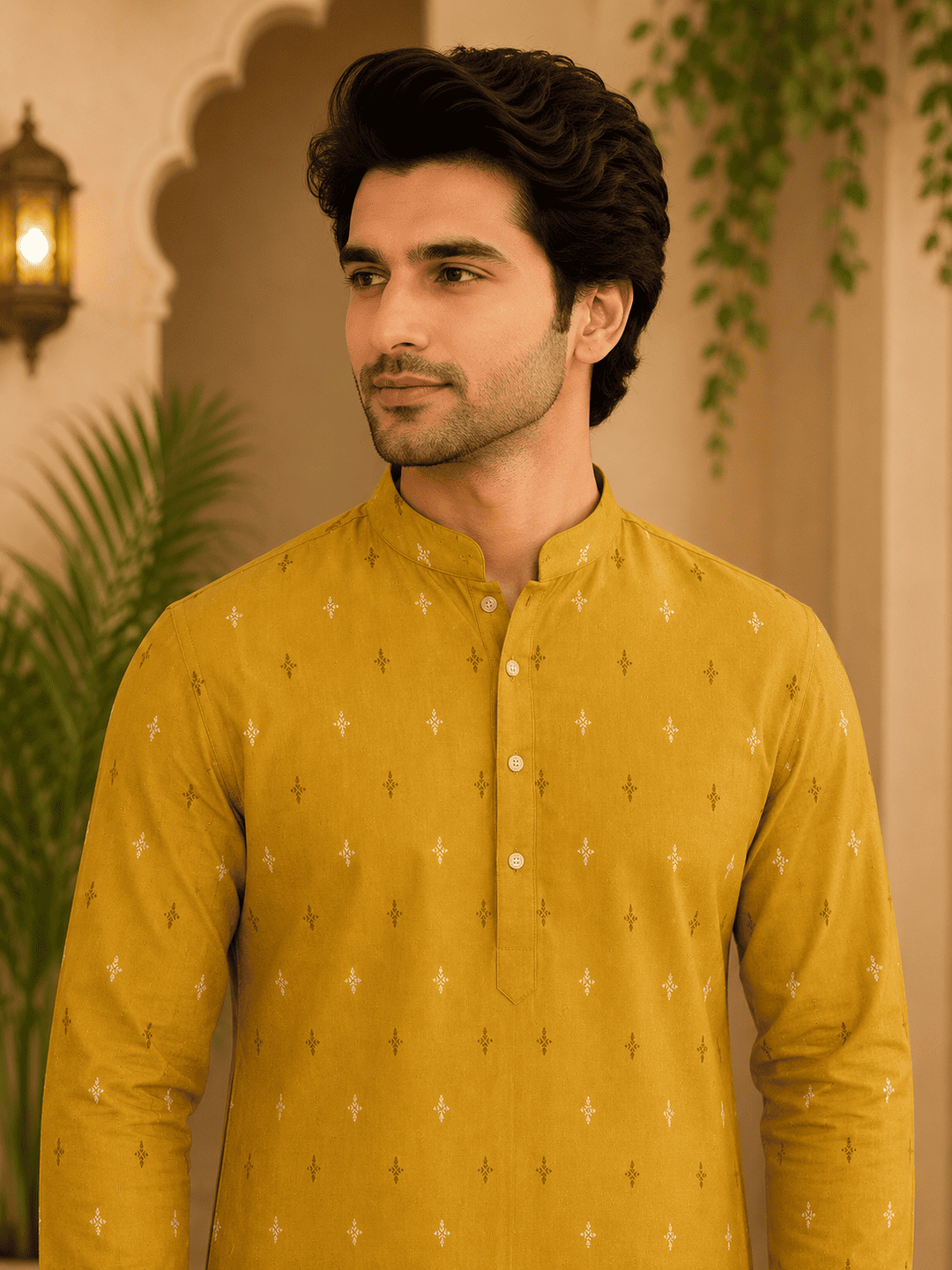 MULTI SHADES Yellow Ethnic Printed Kurta with Cream Churidar Set - Dista