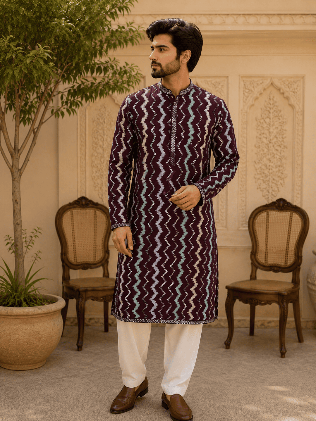 MULTI SHADES Royal Maroon Zigzag Printed Men’s Kurta Set - Dista