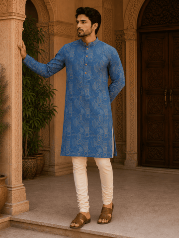 MULTI SHADES Royal Blue Printed Men’s Ethnic Kurta Set - Dista