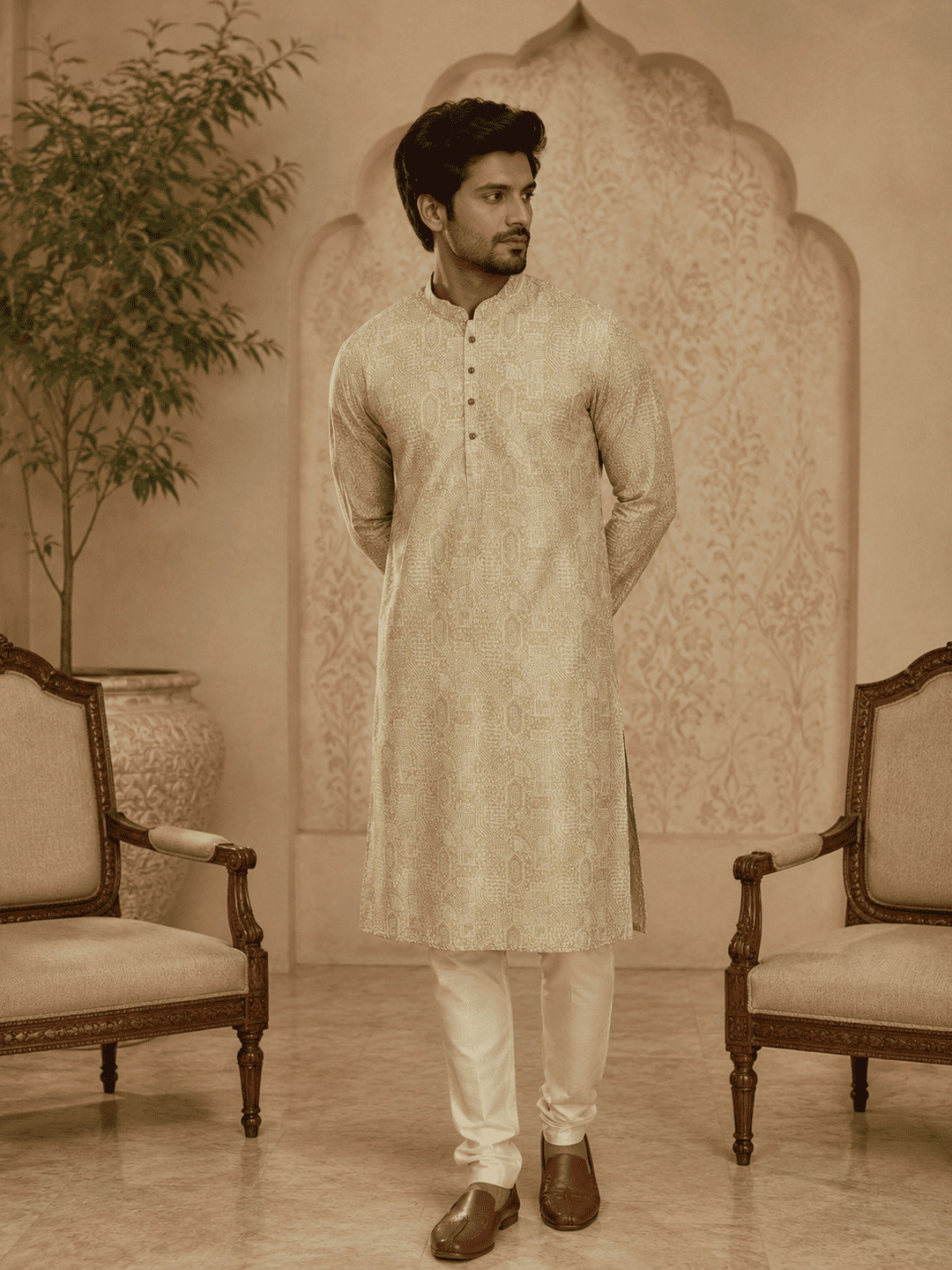 MULTI SHADES Elegant Pastel Gold Printed Men’s Kurta - Dista