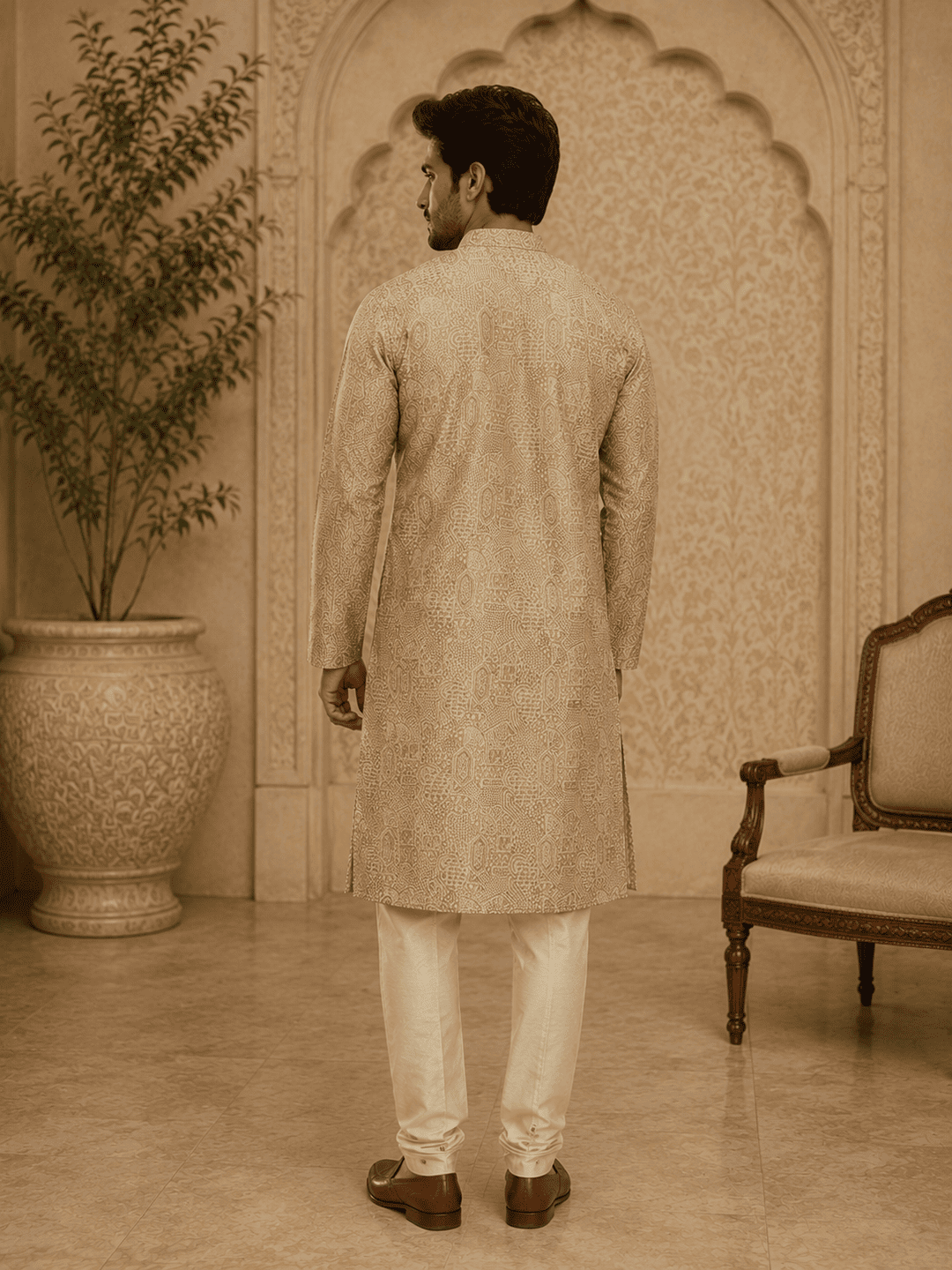 MULTI SHADES Elegant Pastel Gold Printed Men’s Kurta