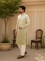 Thumbnail for MULTI SHADES Sage Green Ombre Printed Men’s Kurta Set
