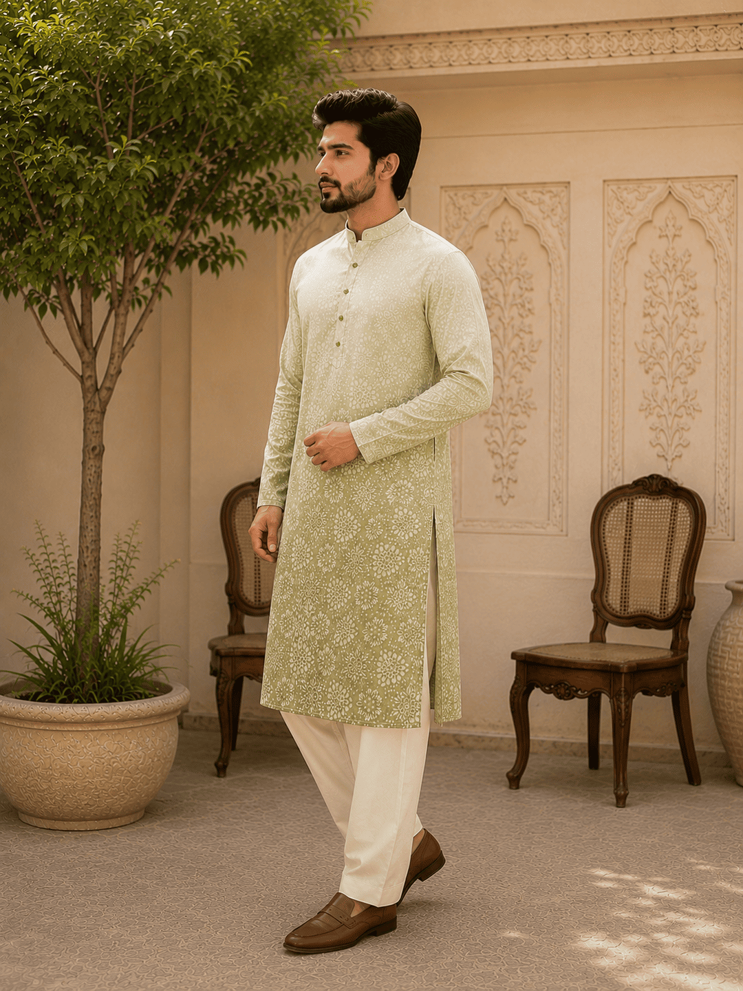 MULTI SHADES Sage Green Ombre Printed Men’s Kurta - Dista