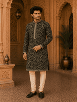 Thumbnail for MULTI SHADES Royal Black Embroidered Men’s Kurta (With Inner Lining)
