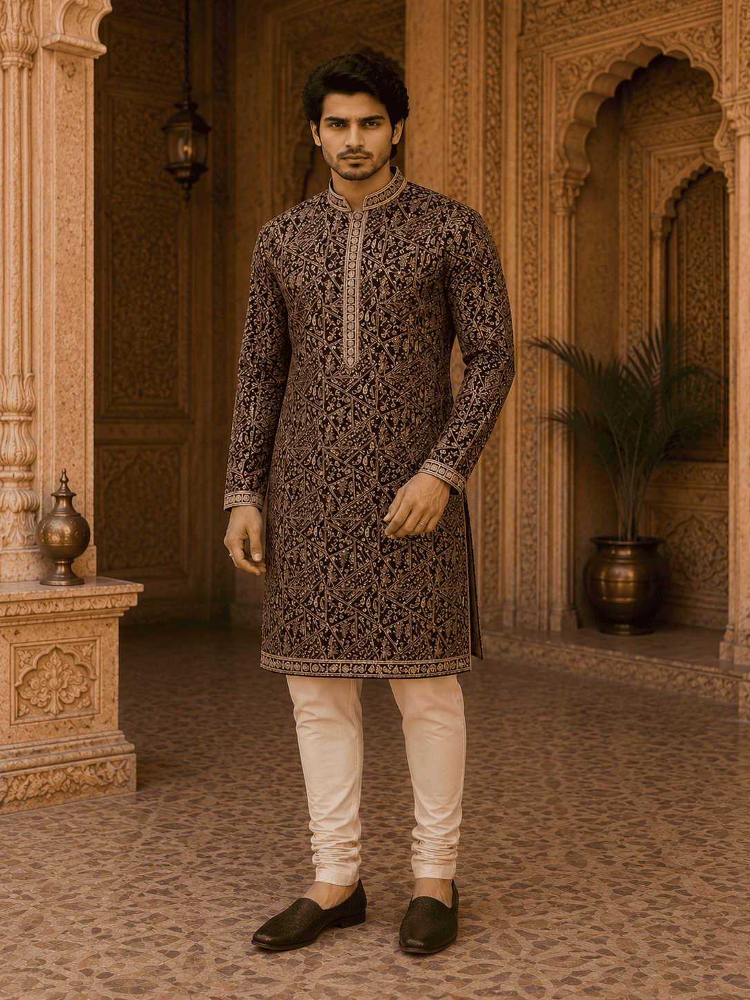 MULTI SHADES Royal Wine Embroidered Men’s Kurta with Inner Lining (Astar) - Dista