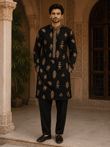 MULTI SHADES Midnight Black Gold Motif Embroidered Kurta Set with Inner Lining (Astar) - Dista