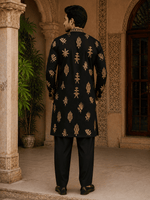 Thumbnail for MULTI SHADES Midnight Black Gold Motif Embroidered Kurta Set with Inner Lining (Astar)