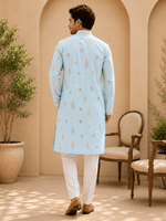 Thumbnail for MULTI SHADES Sky Blue Embroidered Men’s Kurta Set