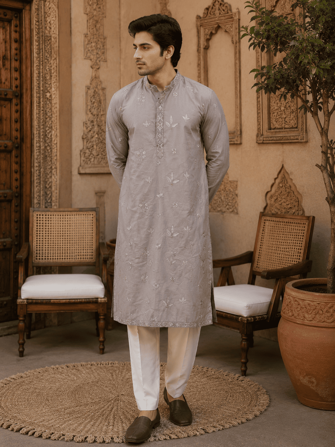MULTI SHADES Dusty Grey Pastel Embroidered Men’s Kurta Set - Dista