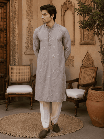 MULTI SHADES Dusty Grey Pastel Embroidered Men’s Kurta Set - Dista