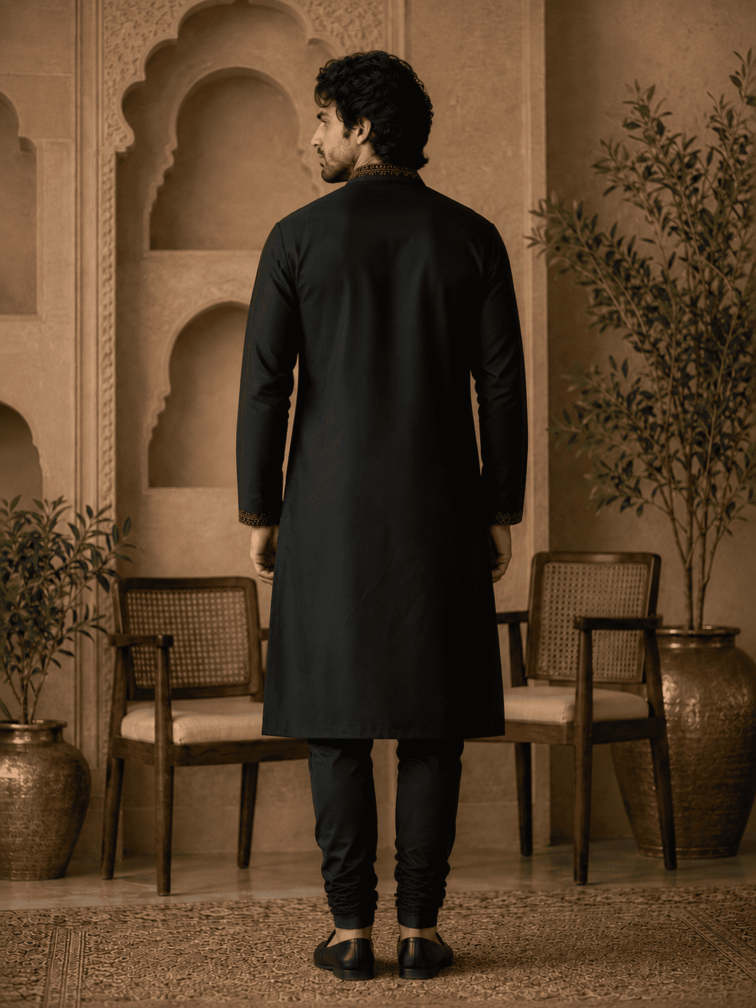 MULTI SHADES Midnight Black Royal Embroidered Kurta with Stole